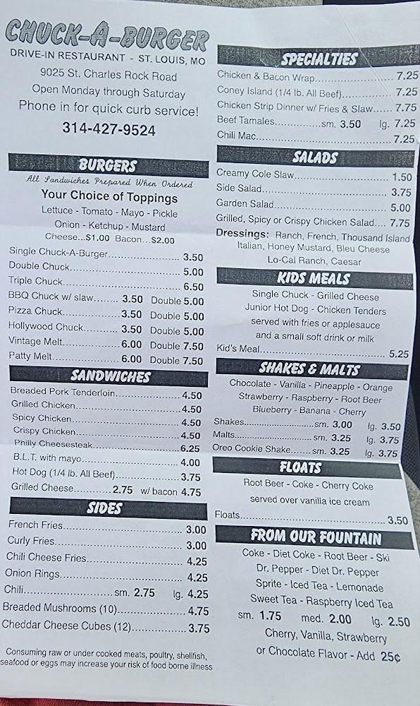 Chuck-A-Burger Drive-In Restaurant Menu image 1